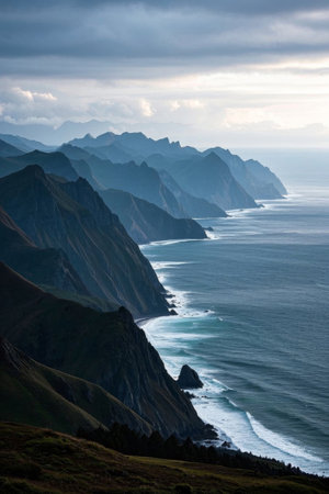Panoramic view of the coastline with mountains and seaの素材