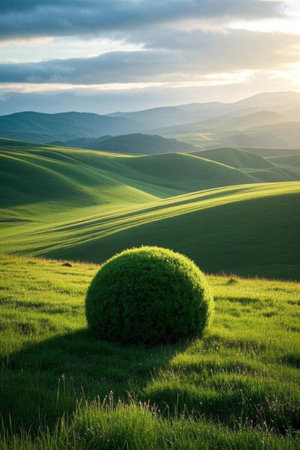 Circular green plant landscape on green grasslandの素材
