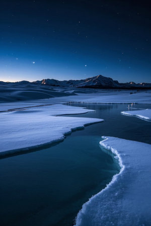 Snowy rivers and distant mountain starry sky landscapesの素材