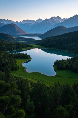 Panoramic view of natural scenery of mountains, forests and lakesの素材