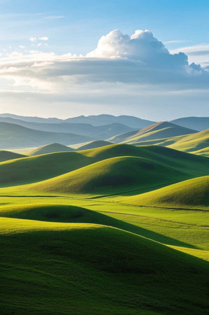 Green grassland and distant mountains with blue sky and white clouds landscapeの素材