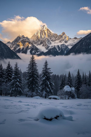 Forest scenery with snow-capped mountainsの素材