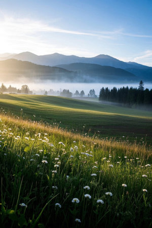 Grassland and wildflower landscape in the morning mist of the mountainsの素材