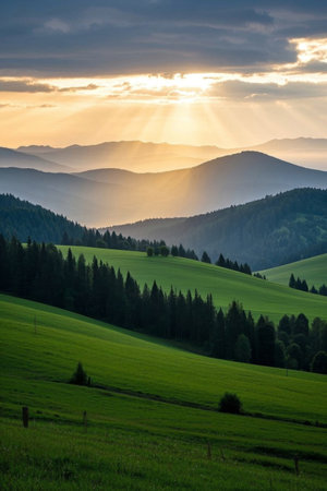 Sunset natural scenery in the mountain grasslandsの素材
