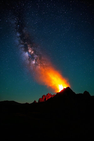 Night view of a volcano erupting under the starsの素材