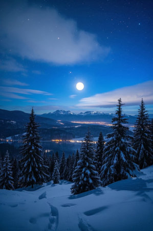 Snowy night, mountains, forests, moonlight sceneryの素材
