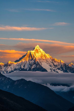 Sunshine on the snow-capped mountains of Jinshanの素材