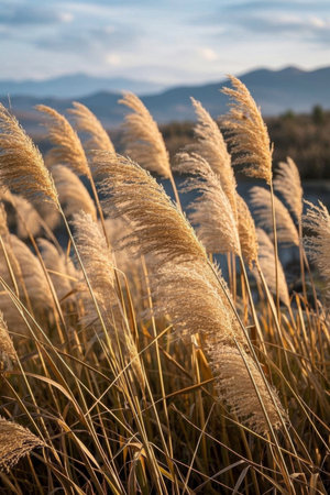 Outdoor reed plants swaying in the windの素材
