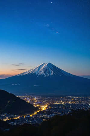 Mount Fuji and cityscape in Japan at nightの素材