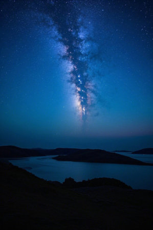Beautiful scenery of lakes and the Milky Way under the night skyの素材