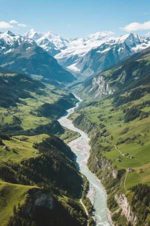 Swiss Alps valley river sceneryの素材