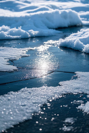 The fusion of ice and snow in the sunの素材