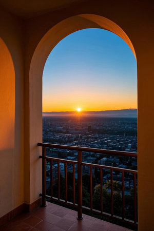 Balcony overlooking the city sunsetの素材
