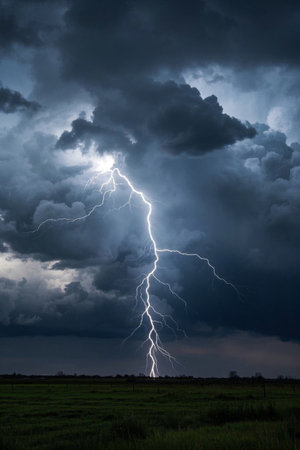 Lightning scene in the fields under dark cloudsの素材