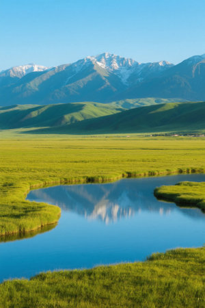 Grassland, snow-capped mountains, rivers and natural sceneryの素材