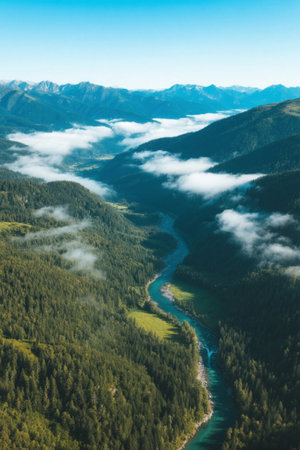 Aerial view of valley forest river cloudsの素材