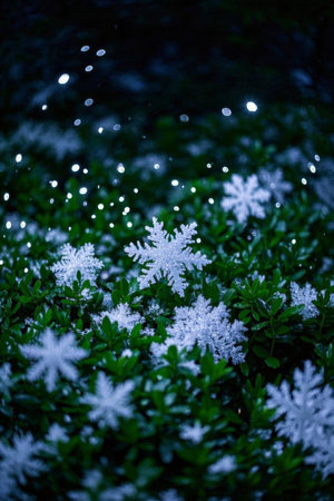 Macro image of snowflakes falling on green leavesの素材