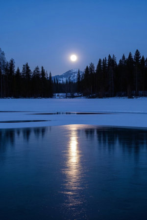 View of the frozen lake next to the forest on a moonlit nightの素材