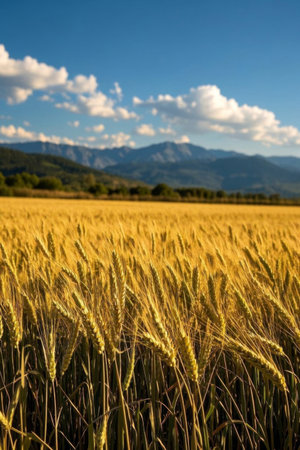 Golden wheat fields and distant mountains with blue sky and white cloudsの素材