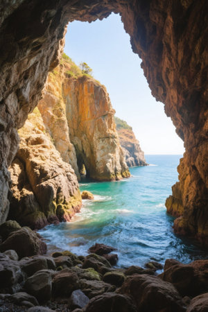 View of the ocean and coast from the caveの素材