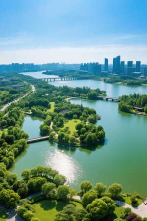 City Park Lake and distant high-rise viewの素材