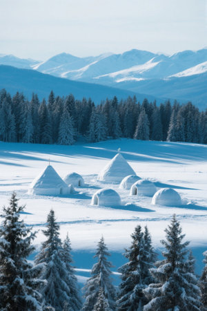 Snowhouse landscape next to the forest at the foot of the snow mountainの素材