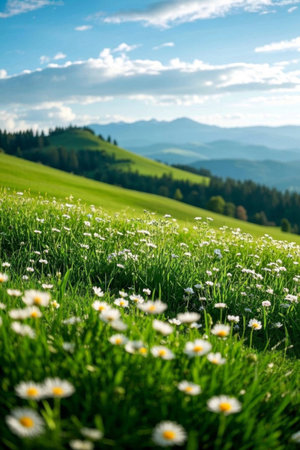 Small white flowers blooming in the mountain meadowsの素材