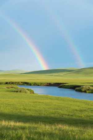 Double rainbow landscape over grassland riverの素材