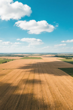 Aerial photography of vast wheat fields and blue sky and white cloudsの素材