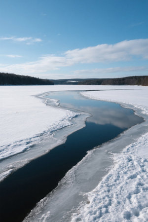 Winding river in winter snowの素材