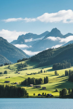 Green scenery by the mountain lakeの素材