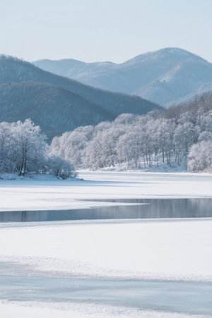 Frozen lake and woods under the snow-capped mountains in winterの素材