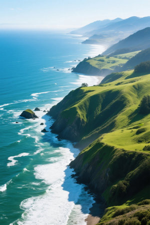 Coastal green mountains and blue ocean sceneryの素材