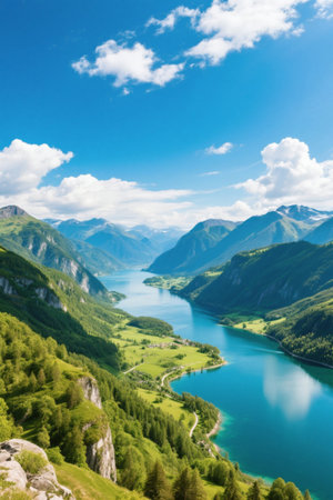 Panoramic view of natural scenery in the mountains and riversの素材