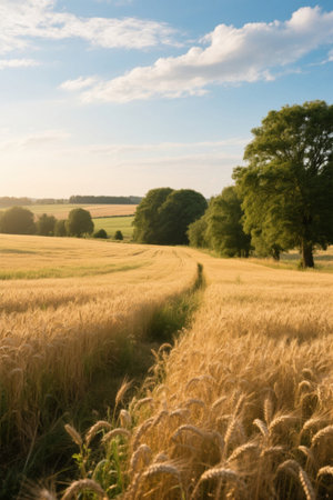 Golden wheat fields and green trees natural sceneryの素材