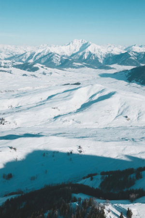 Panoramic view from the air of the snow-capped mountainsの素材