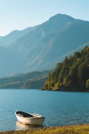Boats moored by the lake and mountains in the distanceの素材