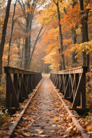 Wooden boardwalk landscape in autumn forestの素材