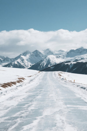 Snow-covered road scenery under the snow-capped mountainsの素材