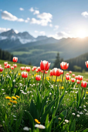 Red tulips blooming in the mountain meadowsの素材