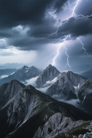 Lightning storm scene over the mountainsの素材