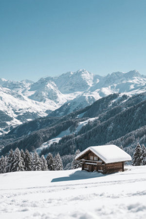 Snowy view of the wooden house under the snow mountainの素材