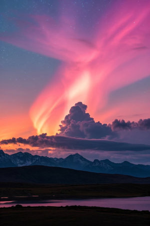 Brilliant aurora views over the mountainsの素材