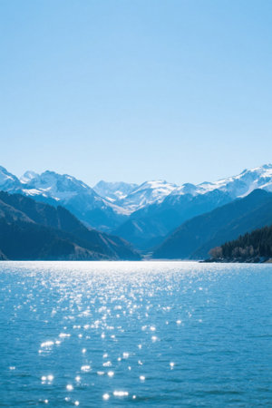 Sparkling lake scenery under the snow-capped mountainsの素材