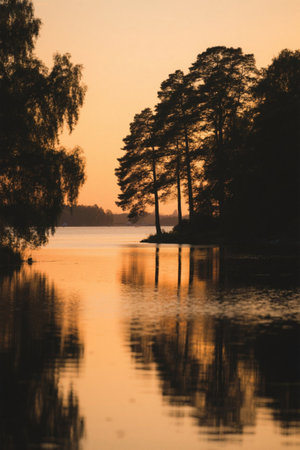 Dusk trees reflecting the landscape by the lakeの素材