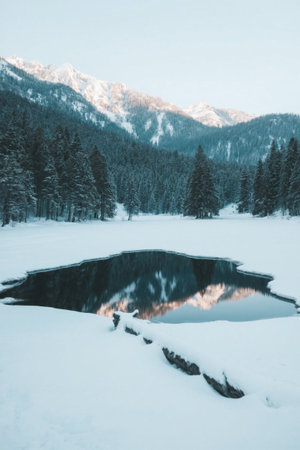Snow-covered lake scene in the snow-capped mountain forestの素材