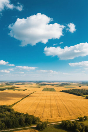 Overlooking the vast farmland under the blue sky and white cloudsの素材