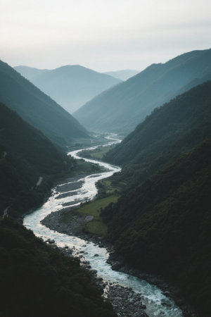 Natural scenery of winding rivers between valleysの素材