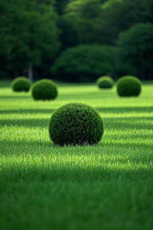 Spherical green plant landscape on lawnの素材