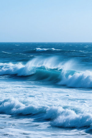 The blue ocean surges with white wavesの素材